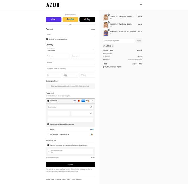 Azur Fit checkout page showing Azur Fit discount code box | Screenshot taken by SimplyCodes community member on Sep 6, 2025