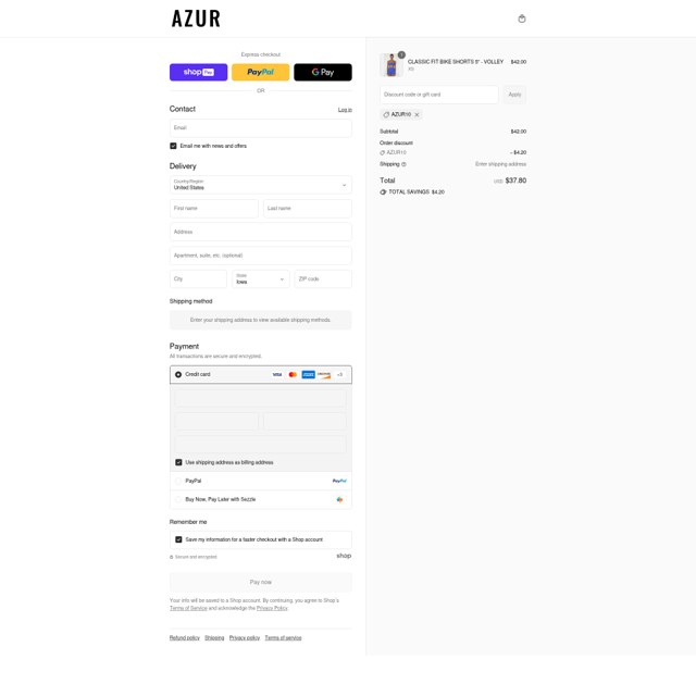 Azur Fit checkout page showing Azur Fit discount code box | Screenshot taken by SimplyCodes community member on Aug 20, 2025