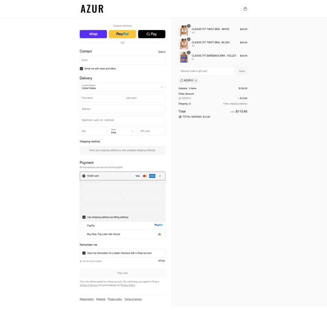 Azur Fit checkout page showing Azur Fit discount code box | Screenshot taken by SimplyCodes community member on Sep 14, 2025