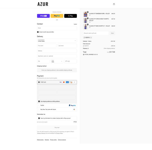 Azur Fit checkout page showing Azur Fit discount code box | Screenshot taken by SimplyCodes community member on Aug 11, 2025