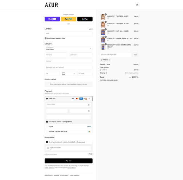 Azur Fit checkout page showing Azur Fit discount code box | Screenshot taken by SimplyCodes community member on Aug 24, 2025