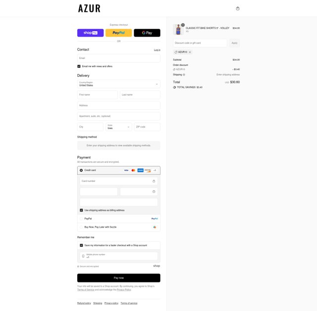 Azur Fit checkout page showing Azur Fit discount code box | Screenshot taken by SimplyCodes community member on Aug 15, 2025