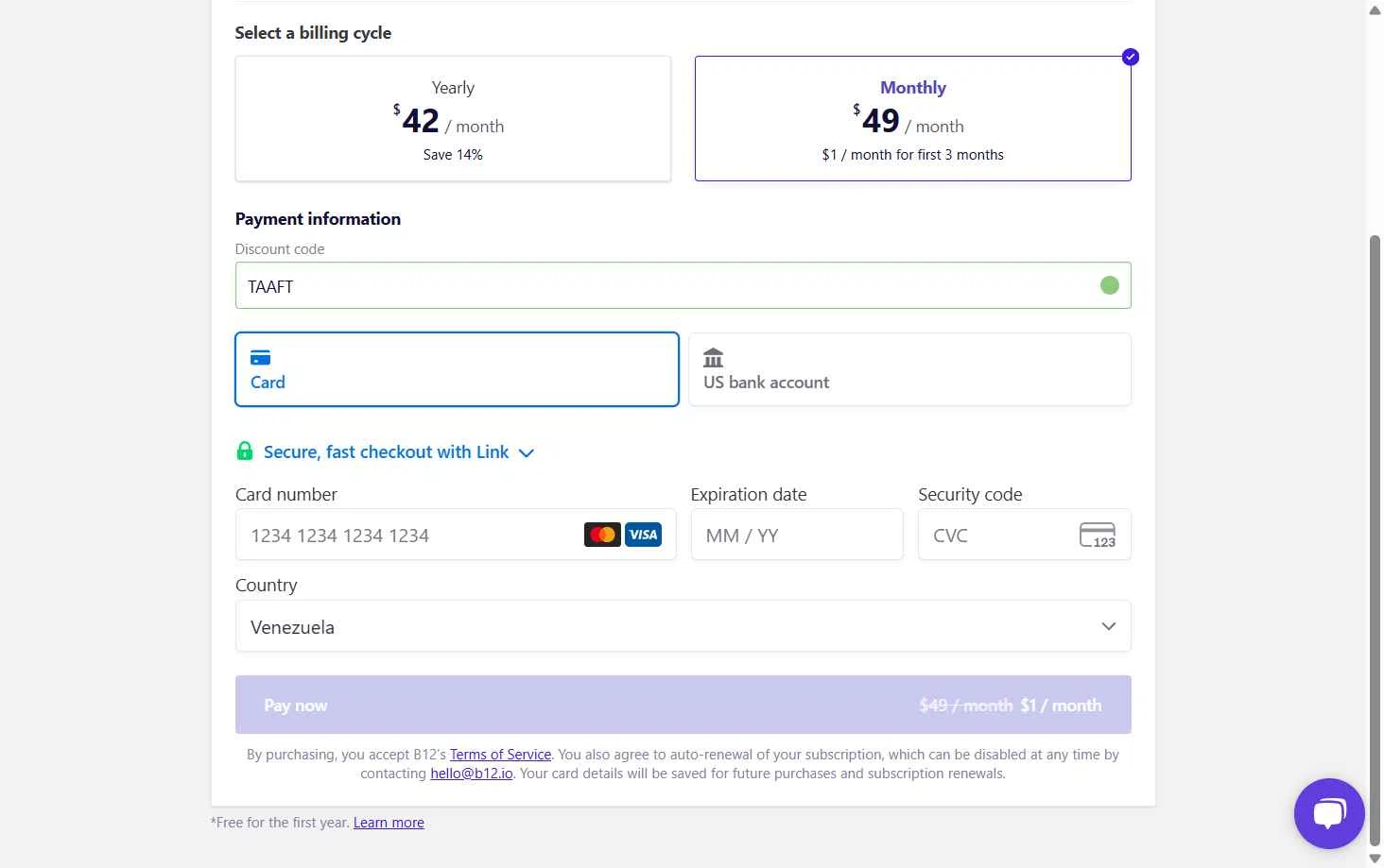 B12 checkout page showing B12 promo code box | Screenshot taken by SimplyCodes community member on Oct 17, 2025