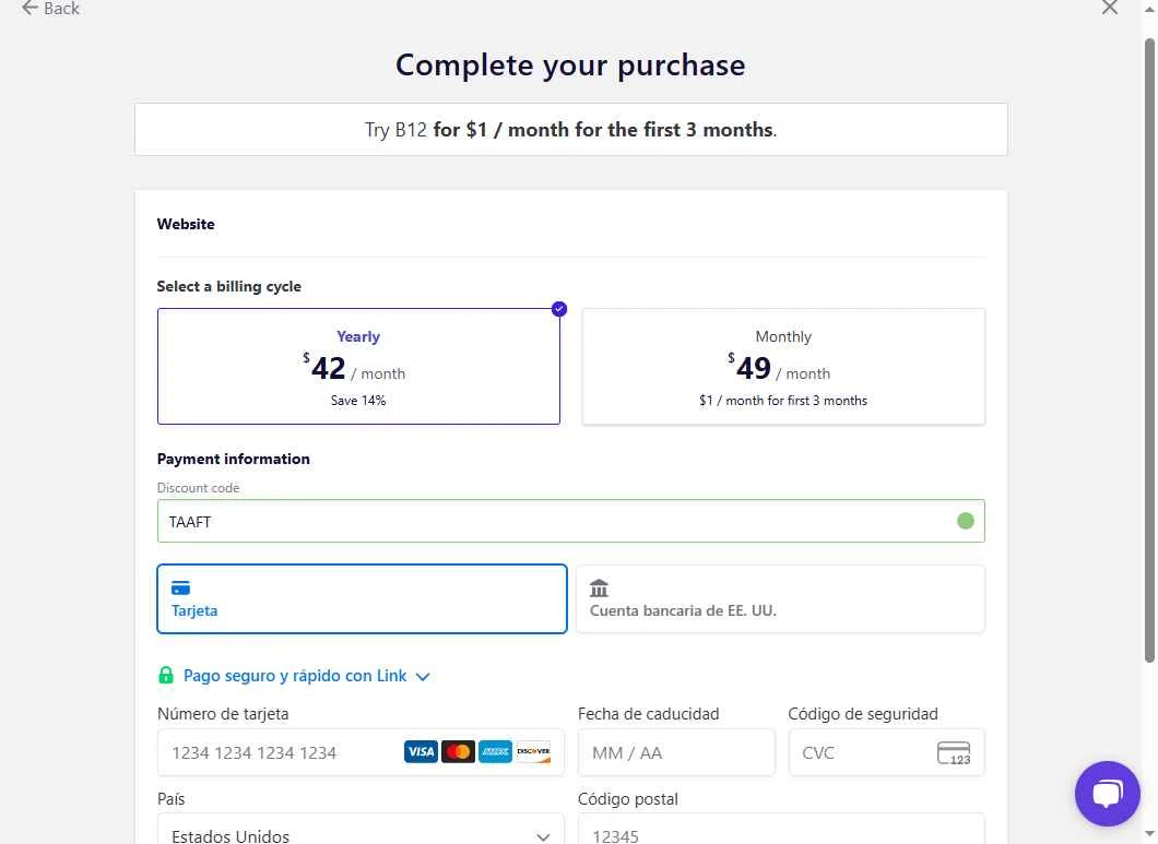 B12 checkout page showing B12 promo code box | Screenshot taken by SimplyCodes community member on Oct 17, 2025