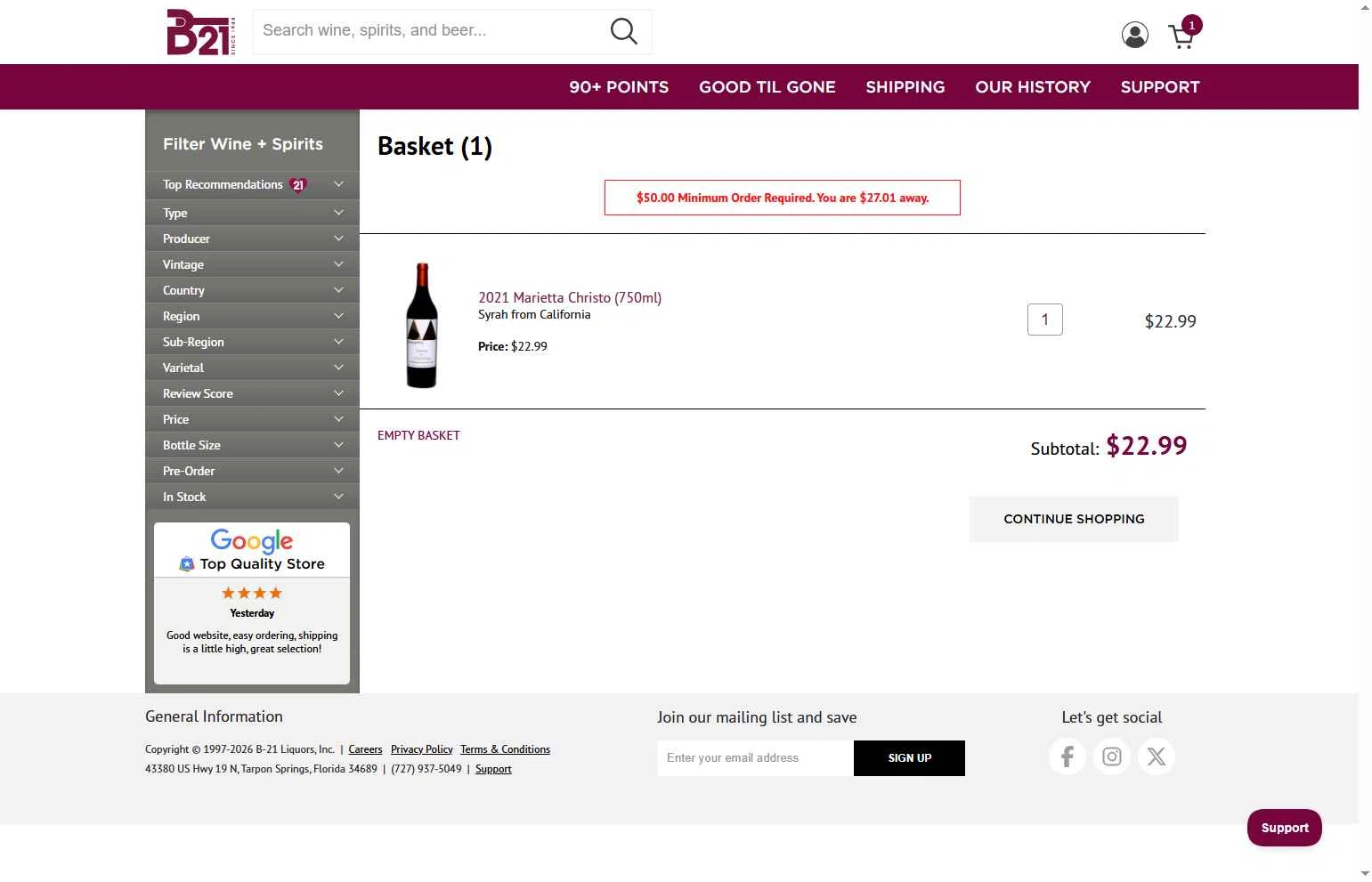 B-21 Liquors checkout page showing B-21 Liquors promo code box | Screenshot taken by SimplyCodes community member on Feb 1, 2026