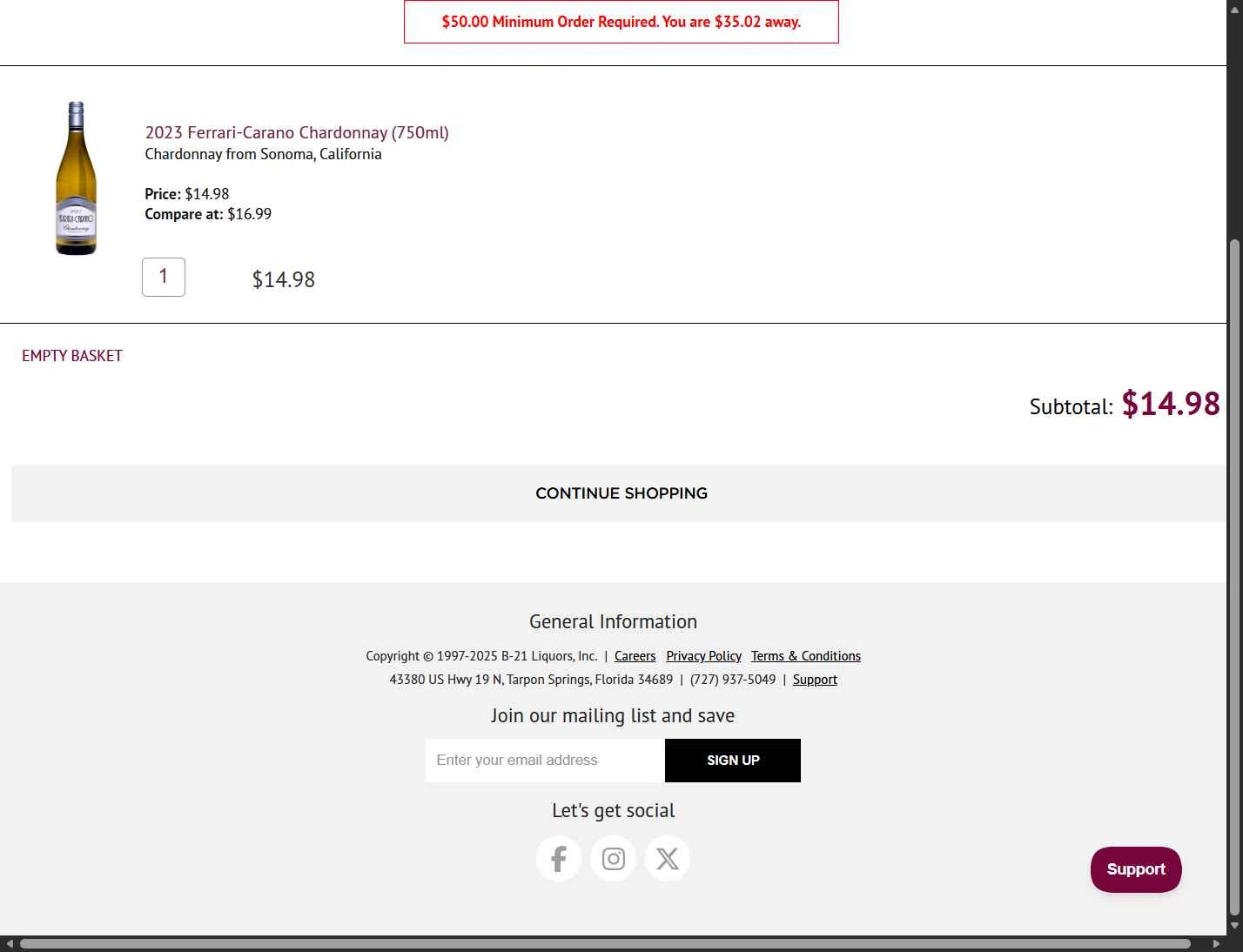 B-21 Liquors checkout page showing B-21 Liquors promo code box | Screenshot taken by SimplyCodes community member on Dec 12, 2025