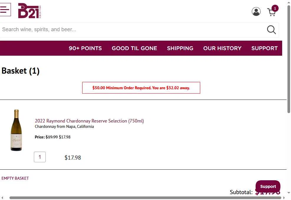 B-21 Liquors checkout page showing B-21 Liquors promo code box | Screenshot taken by SimplyCodes community member on Jan 26, 2026
