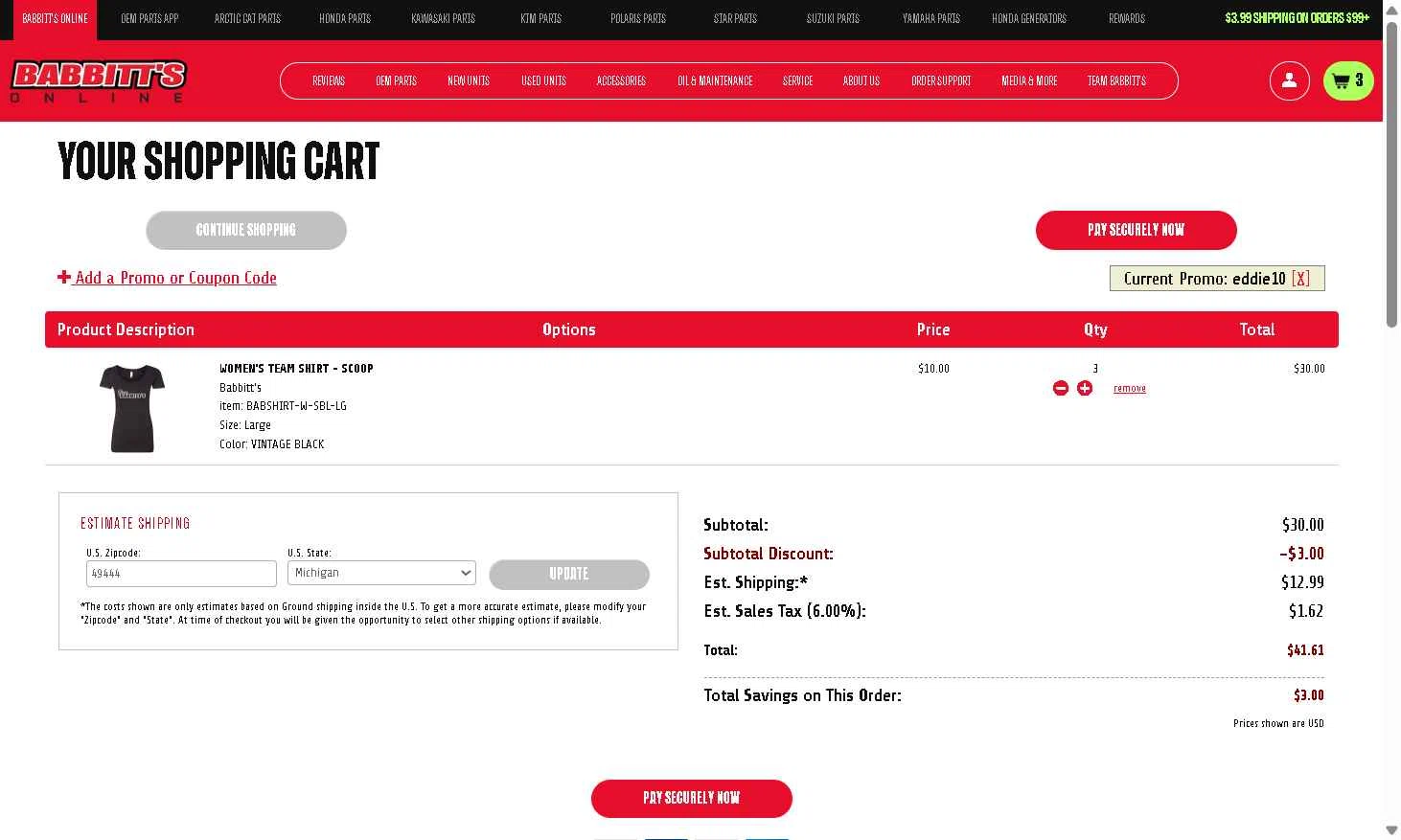 Babbitt's Online checkout page showing Babbitt's Online promo code box | Screenshot taken by SimplyCodes community member on Dec 13, 2025