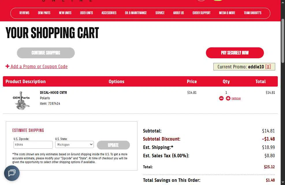 Babbitt's Online checkout page showing Babbitt's Online promo code box | Screenshot taken by SimplyCodes community member on Jan 18, 2026