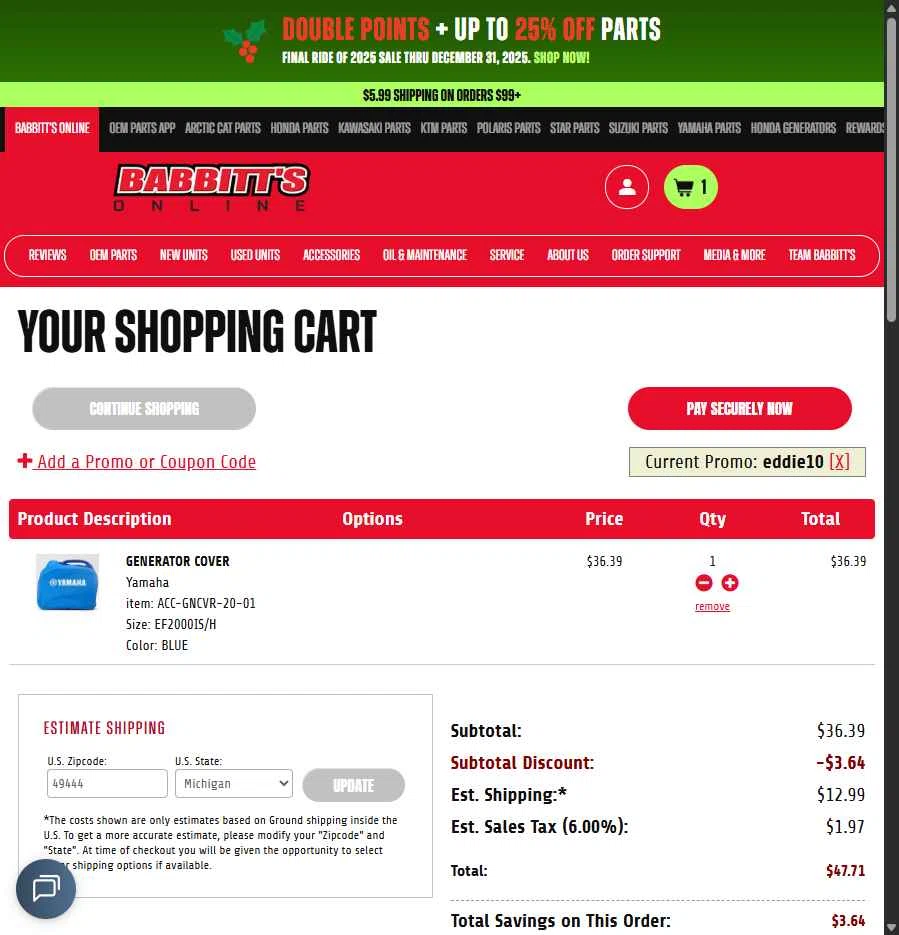 Babbitt's Online checkout page showing Babbitt's Online promo code box | Screenshot taken by SimplyCodes community member on Dec 27, 2025