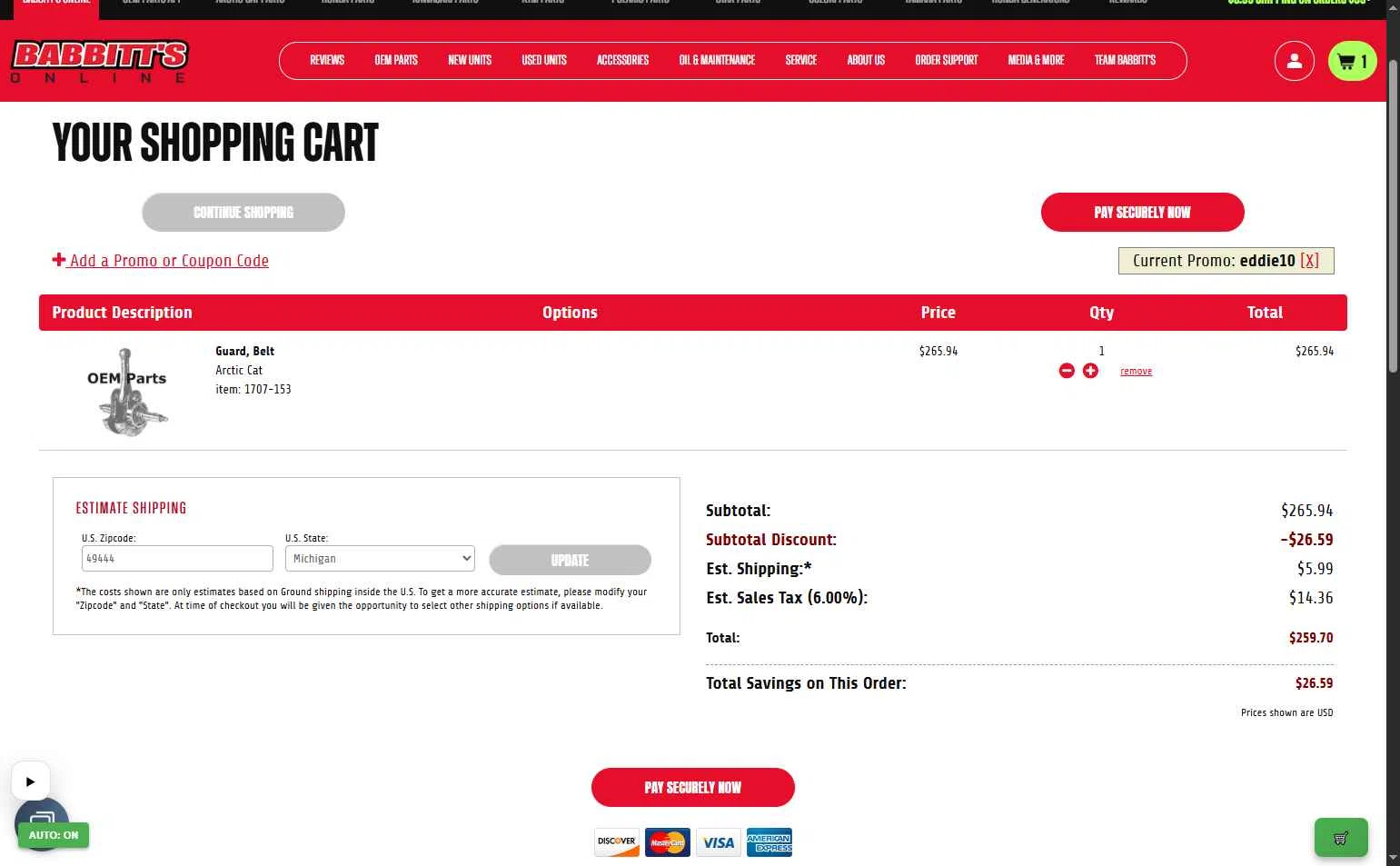 Babbitt's Online checkout page showing Babbitt's Online promo code box | Screenshot taken by SimplyCodes community member on Feb 15, 2026