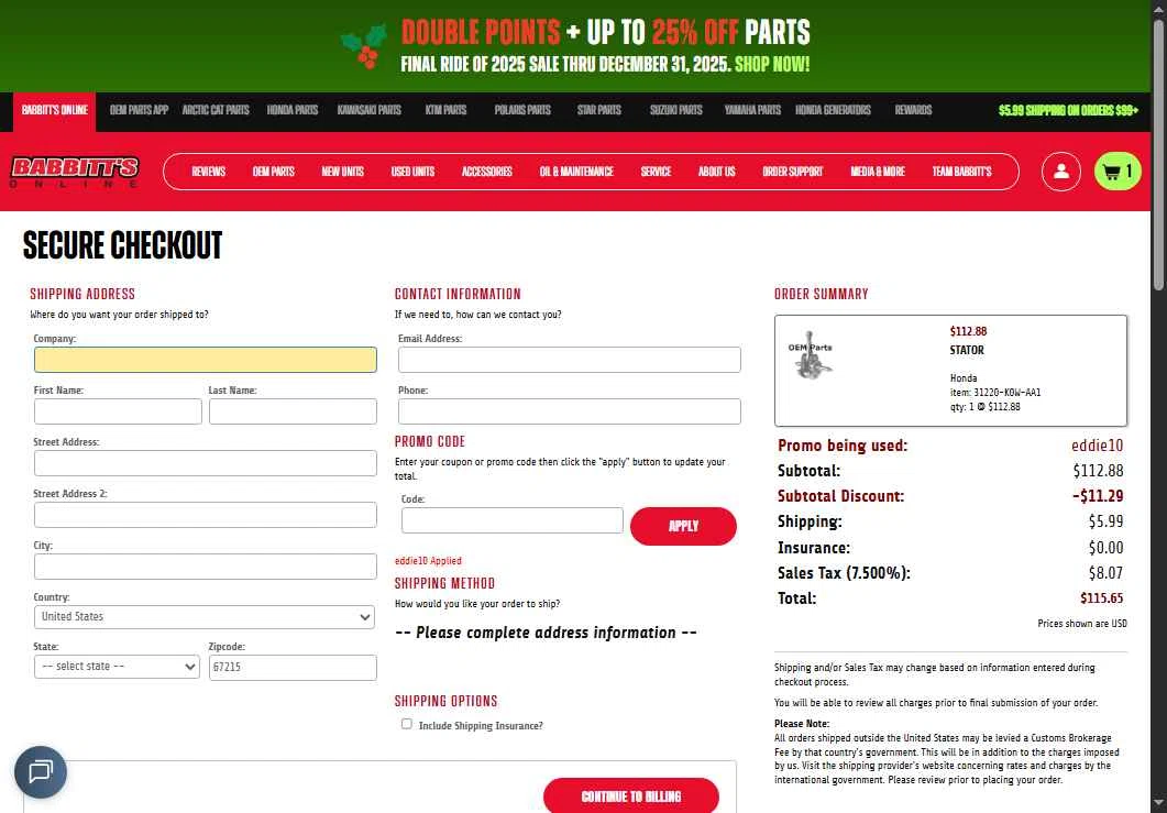 Babbitt's Online checkout page showing Babbitt's Online promo code box | Screenshot taken by SimplyCodes community member on Dec 20, 2025