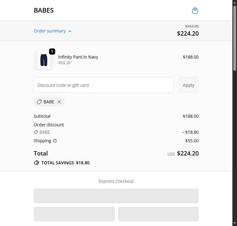 BABES checkout page showing BABES promo code box | Screenshot taken by SimplyCodes community member on Feb 14, 2026