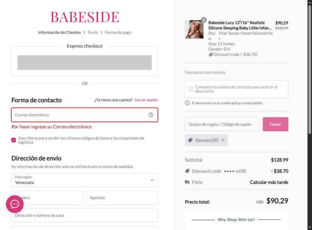 Babeside checkout page showing Babeside coupon code box | Screenshot taken by SimplyCodes community member on Aug 26, 2025