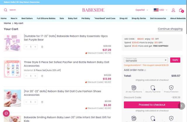 Babeside checkout page showing Babeside coupon code box | Screenshot taken by SimplyCodes community member on Aug 6, 2025