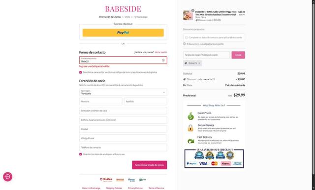Babeside checkout page showing Babeside coupon code box | Screenshot taken by SimplyCodes community member on Aug 26, 2025
