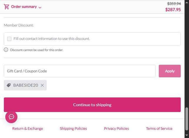 Babeside checkout page showing Babeside coupon code box | Screenshot taken by SimplyCodes community member on Aug 26, 2025