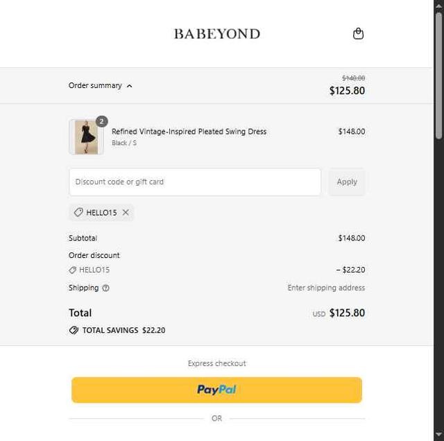 Babeyond checkout page showing Babeyond discount code box | Screenshot taken by SimplyCodes community member on Sep 15, 2025