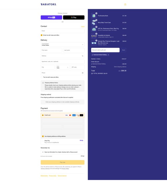 Babiators checkout page showing Babiators discount code box | Screenshot taken by SimplyCodes community member on Aug 27, 2025
