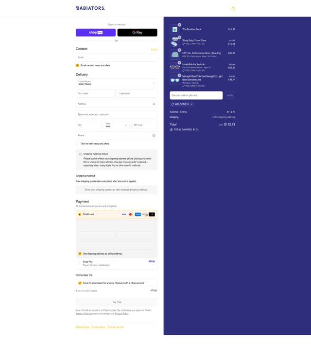 Babiators checkout page showing Babiators discount code box | Screenshot taken by SimplyCodes community member on Aug 27, 2025