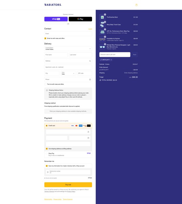 Babiators checkout page showing Babiators discount code box | Screenshot taken by SimplyCodes community member on Aug 27, 2025