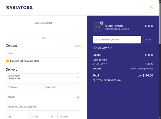 Babiators checkout page showing Babiators discount code box | Screenshot taken by SimplyCodes community member on Aug 27, 2025
