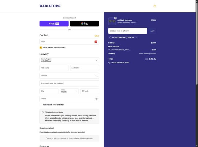 Babiators checkout page showing Babiators discount code box | Screenshot taken by SimplyCodes community member on Aug 27, 2025