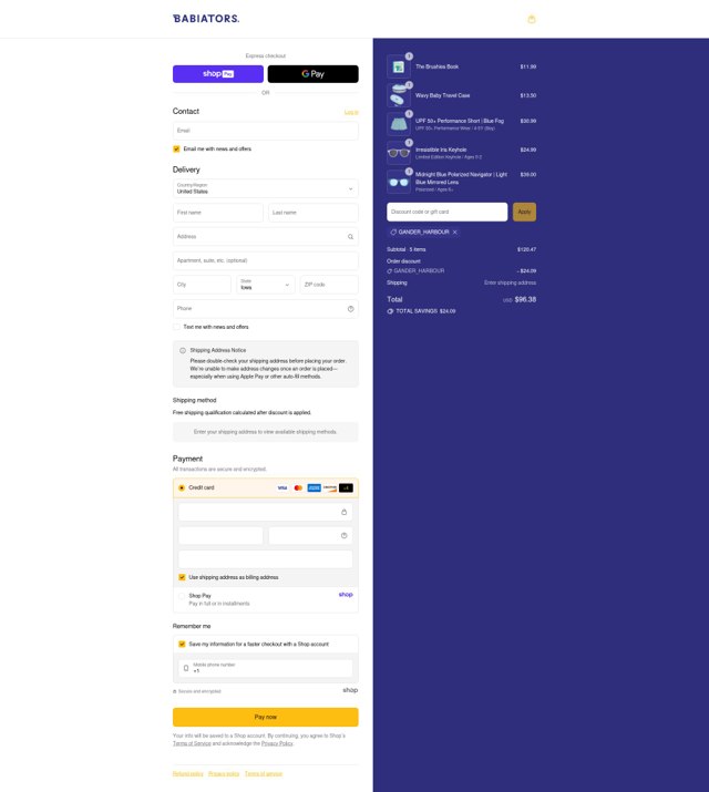 Babiators checkout page showing Babiators discount code box | Screenshot taken by SimplyCodes community member on Aug 27, 2025