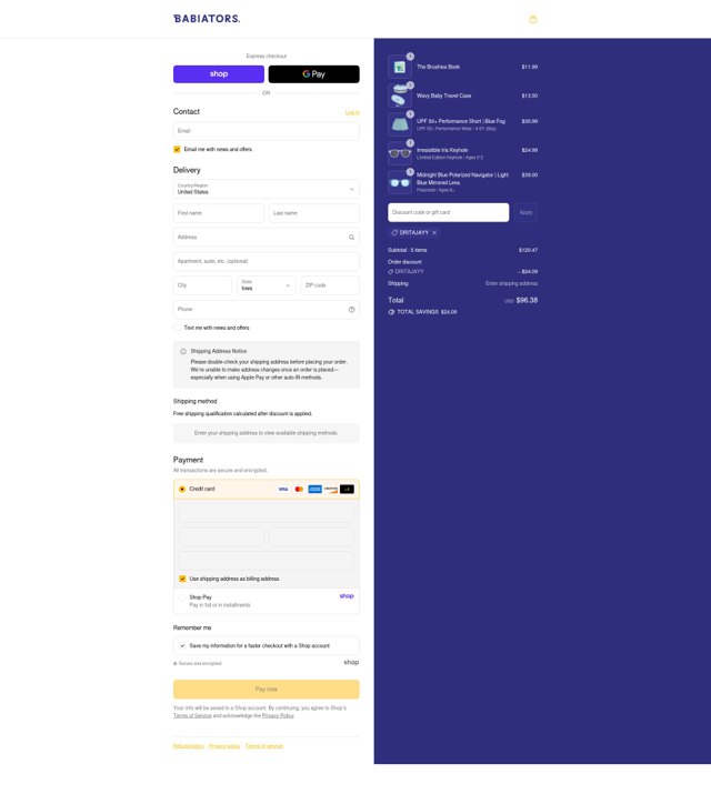 Babiators checkout page showing Babiators discount code box | Screenshot taken by SimplyCodes community member on Sep 4, 2025
