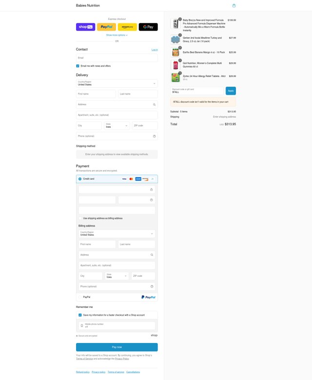 Babies Nutrition checkout page showing Babies Nutrition discount code box | Screenshot taken by SimplyCodes community member on Aug 6, 2025