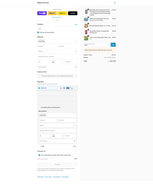 Babies Nutrition checkout page showing Babies Nutrition discount code box | Screenshot taken by SimplyCodes community member on Aug 14, 2025