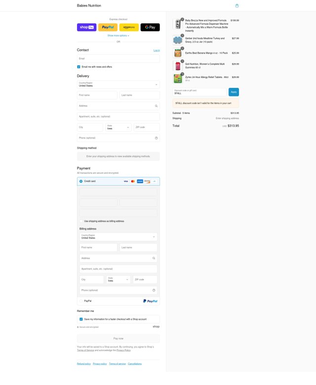 Babies Nutrition checkout page showing Babies Nutrition discount code box | Screenshot taken by SimplyCodes community member on Aug 10, 2025