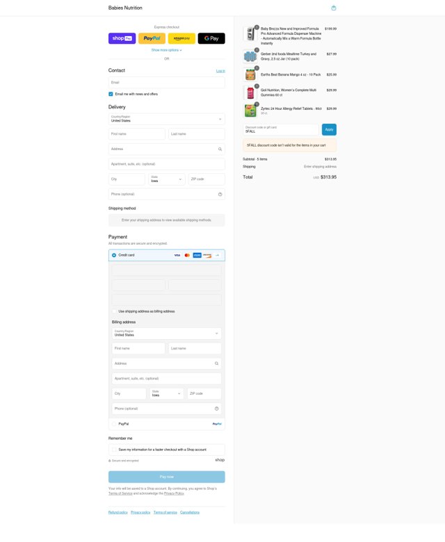 Babies Nutrition checkout page showing Babies Nutrition discount code box | Screenshot taken by SimplyCodes community member on Aug 19, 2025