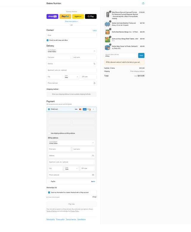 Babies Nutrition checkout page showing Babies Nutrition discount code box | Screenshot taken by SimplyCodes community member on Aug 28, 2025