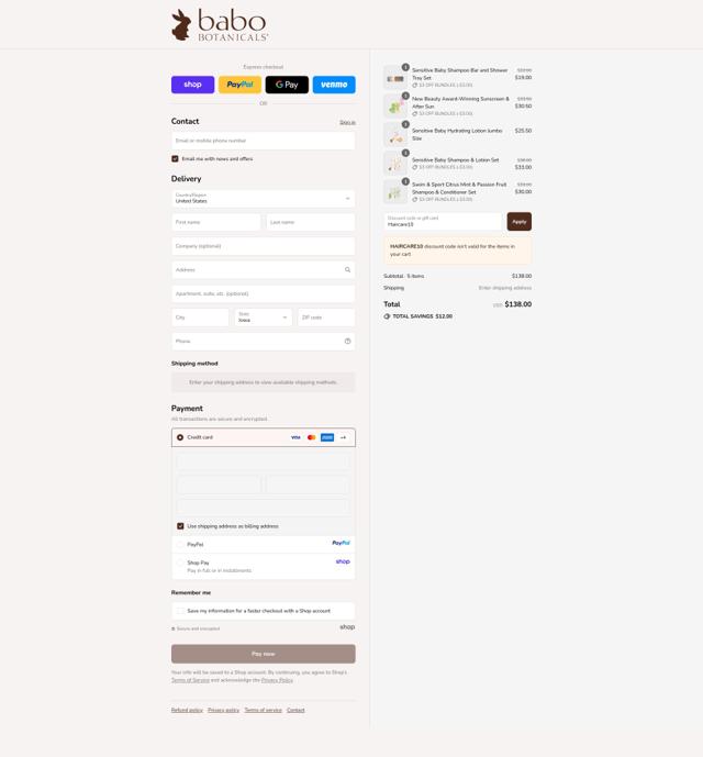 Babo Botanicals checkout page showing Babo Botanicals coupon code box | Screenshot taken by SimplyCodes community member on Sep 12, 2025