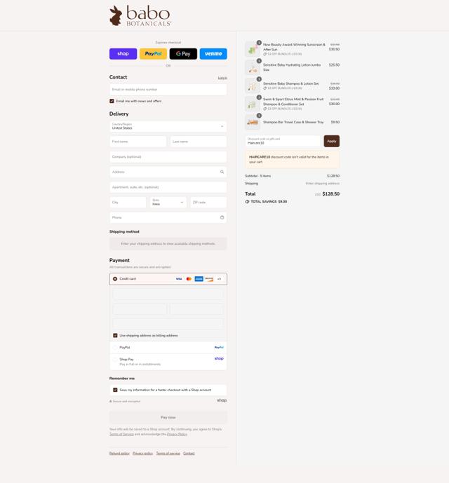 Babo Botanicals checkout page showing Babo Botanicals coupon code box | Screenshot taken by SimplyCodes community member on Sep 9, 2025