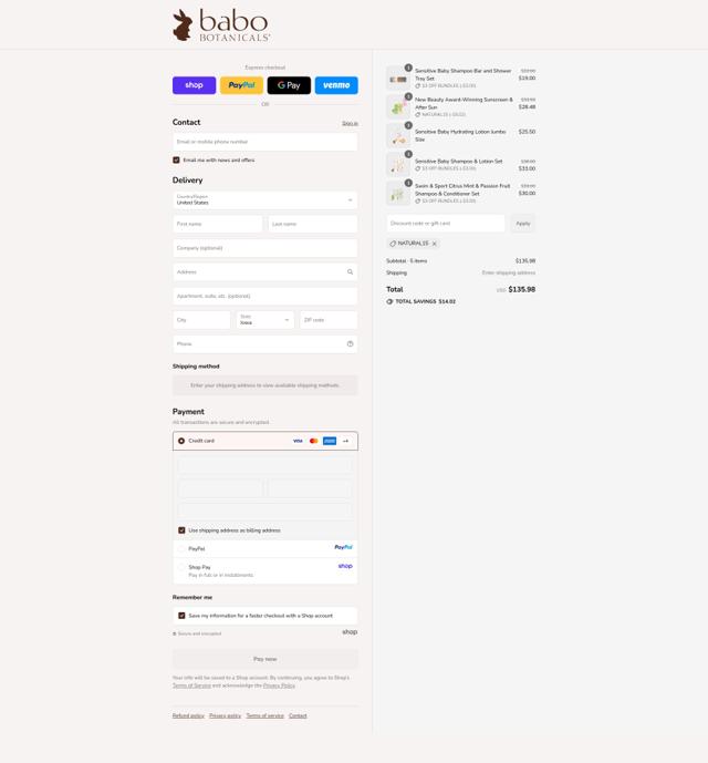 Babo Botanicals checkout page showing Babo Botanicals coupon code box | Screenshot taken by SimplyCodes community member on Sep 12, 2025