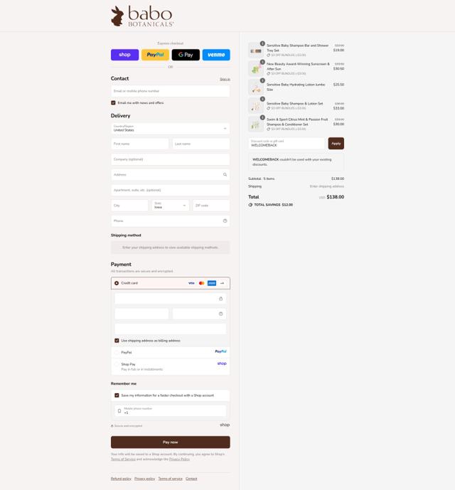 Babo Botanicals checkout page showing Babo Botanicals coupon code box | Screenshot taken by SimplyCodes community member on Sep 12, 2025