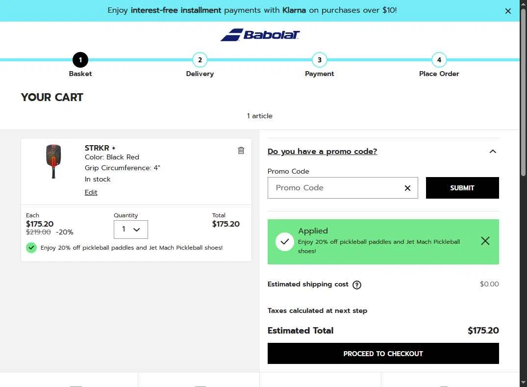 Babolat.com checkout page showing Babolat.com promo code box | Screenshot taken by SimplyCodes community member on Jan 30, 2026