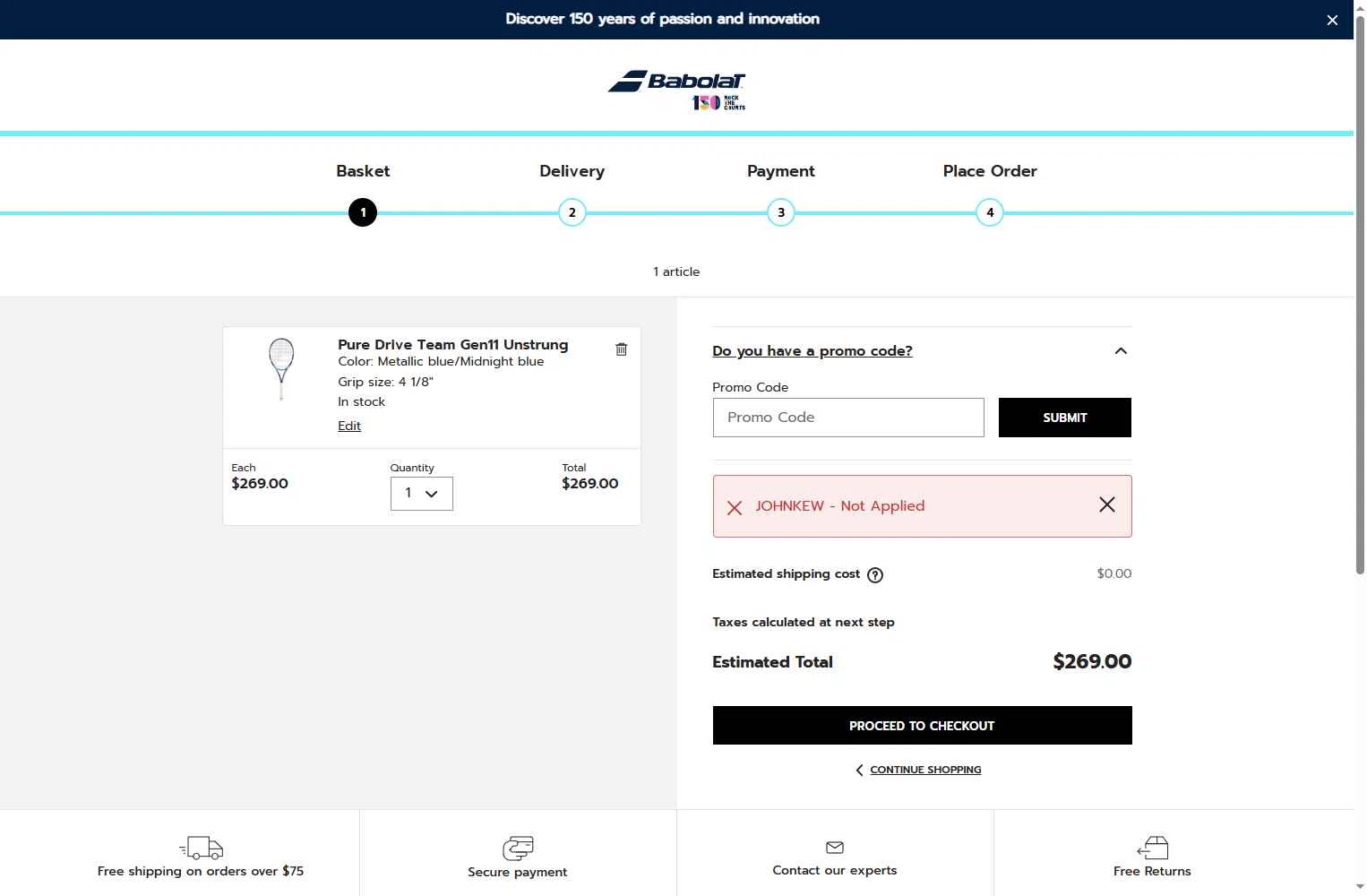 Babolat.com checkout page showing Babolat.com promo code box | Screenshot taken by SimplyCodes community member on Nov 24, 2025
