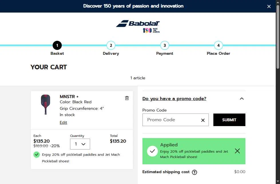 Babolat.com checkout page showing Babolat.com promo code box | Screenshot taken by SimplyCodes community member on Nov 14, 2025