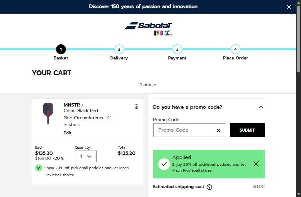Babolat.com checkout page showing Babolat.com promo code box | Screenshot taken by SimplyCodes community member on Dec 9, 2025