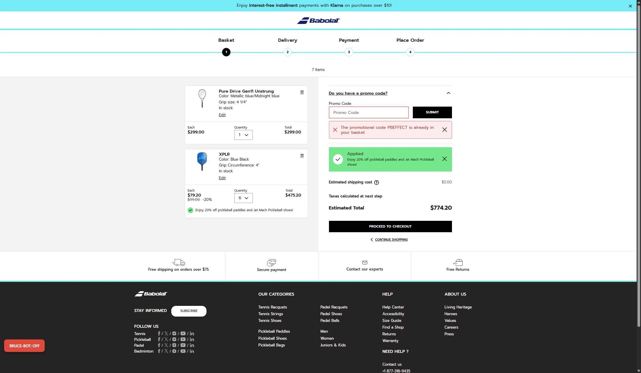 Babolat.com checkout page showing Babolat.com promo code box | Screenshot taken by SimplyCodes community member on Jan 10, 2026