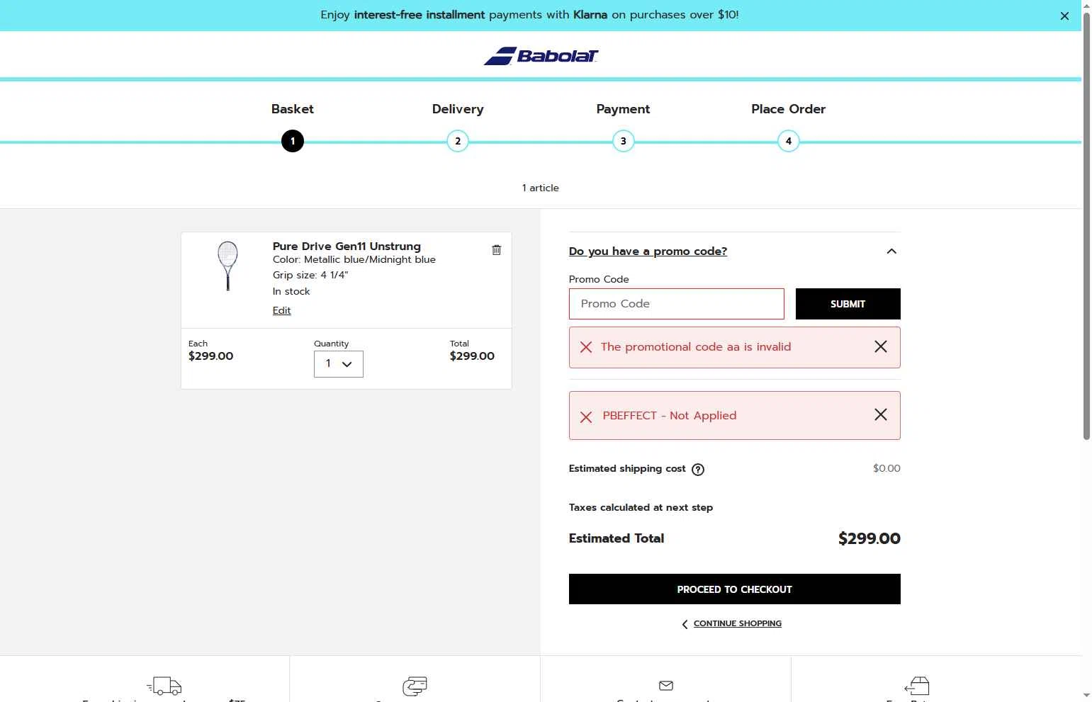 Babolat.com checkout page showing Babolat.com promo code box | Screenshot taken by SimplyCodes community member on Feb 10, 2026