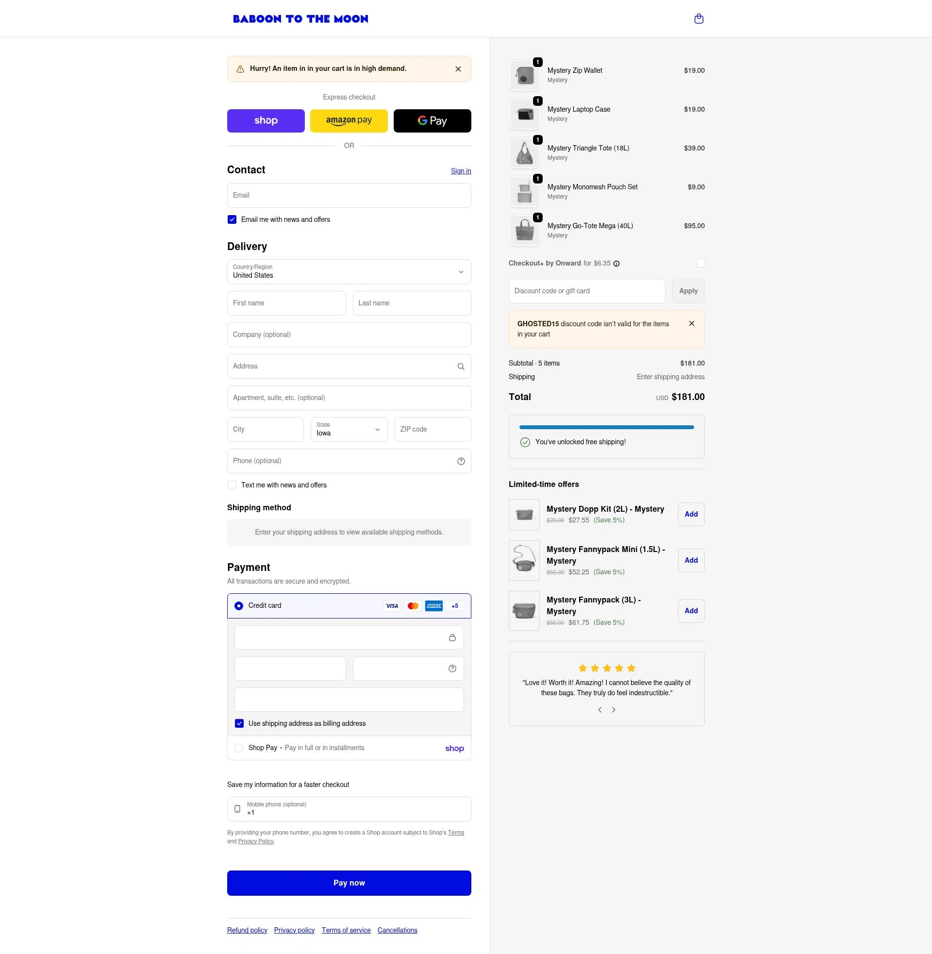 Baboon To The Moon checkout page showing Baboon To The Moon discount code box | Screenshot taken by SimplyCodes community member on Feb 6, 2026