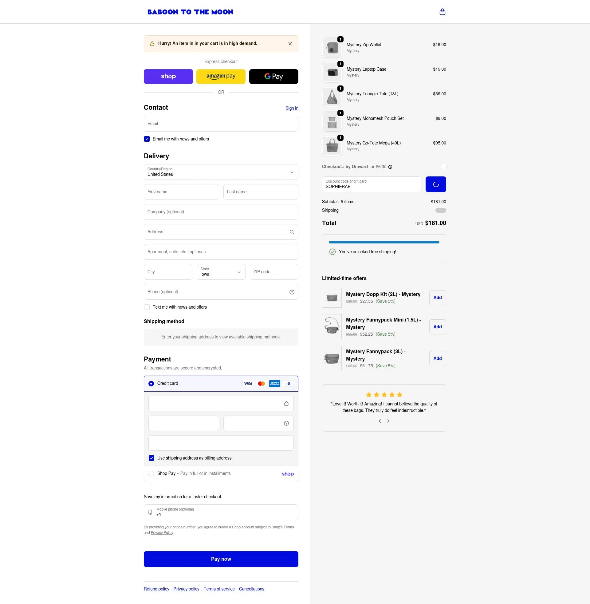 Baboon To The Moon checkout page showing Baboon To The Moon discount code box | Screenshot taken by SimplyCodes community member on Feb 6, 2026
