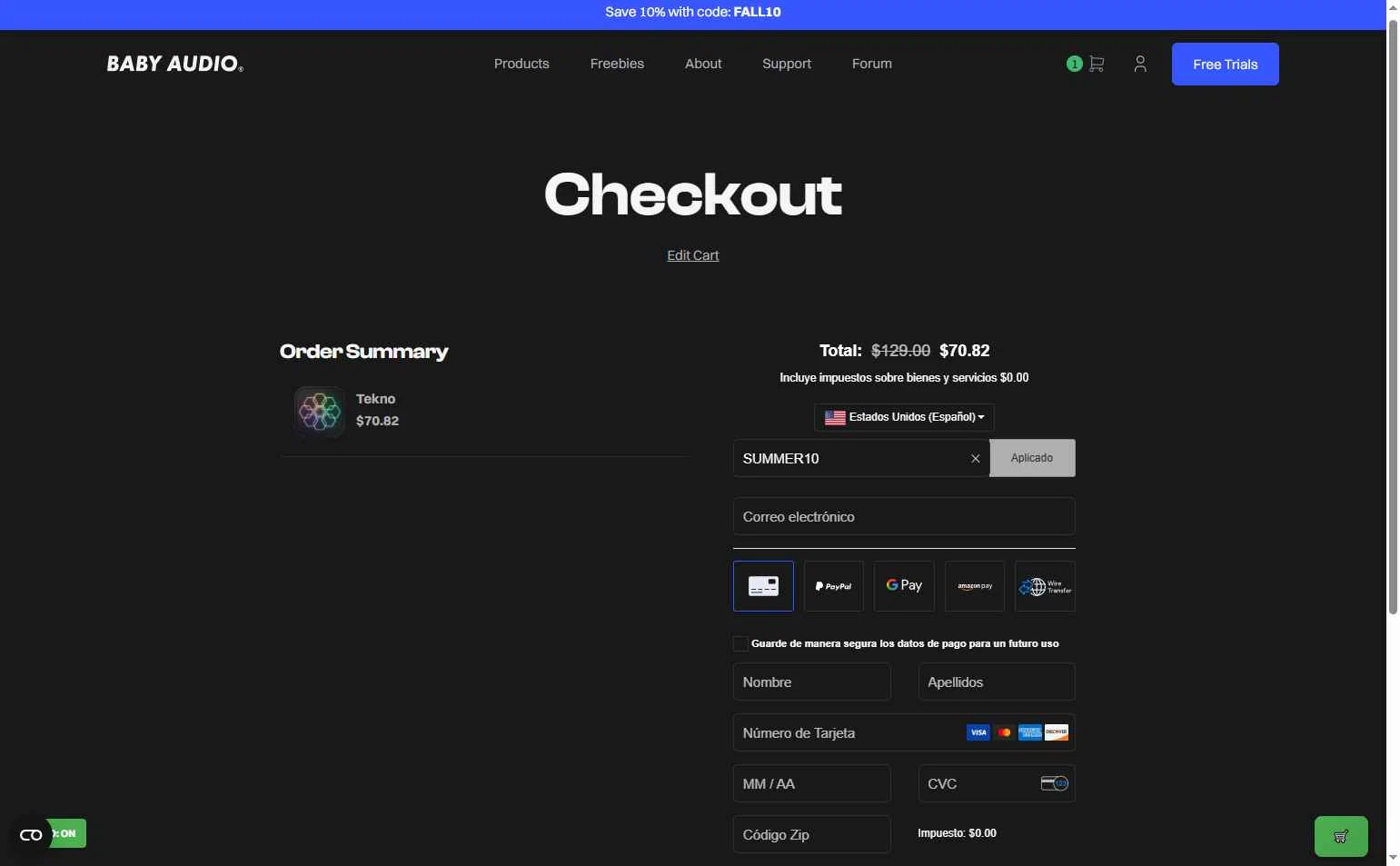 BABY Audio checkout page showing BABY Audio discount code box | Screenshot taken by SimplyCodes community member on Oct 14, 2025