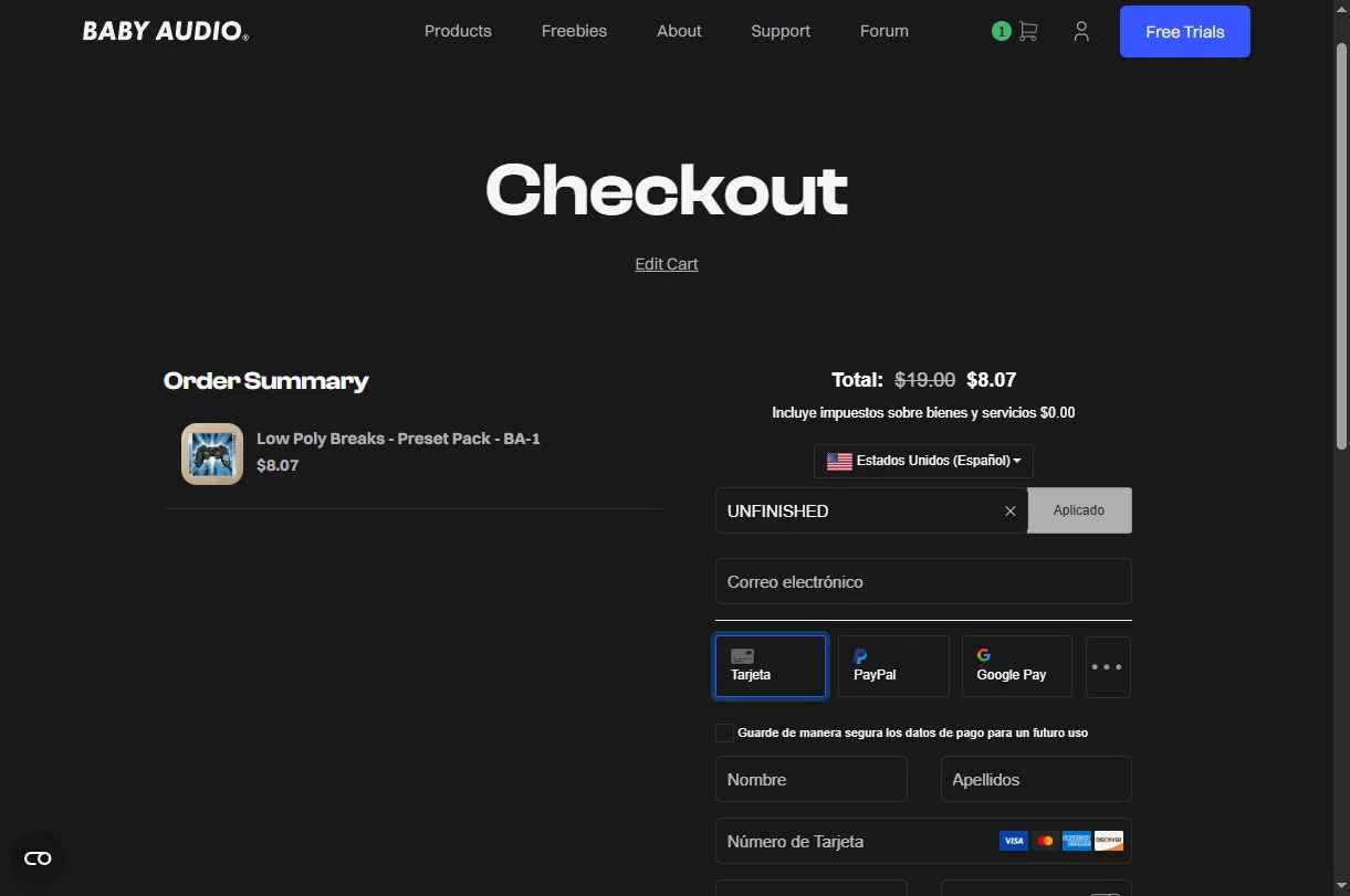 BABY Audio checkout page showing BABY Audio discount code box | Screenshot taken by SimplyCodes community member on Jan 18, 2026