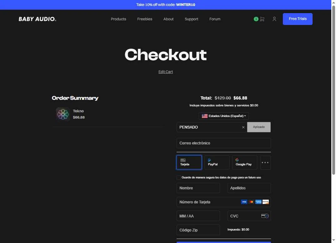 BABY Audio checkout page showing BABY Audio discount code box | Screenshot taken by SimplyCodes community member on Jan 18, 2026