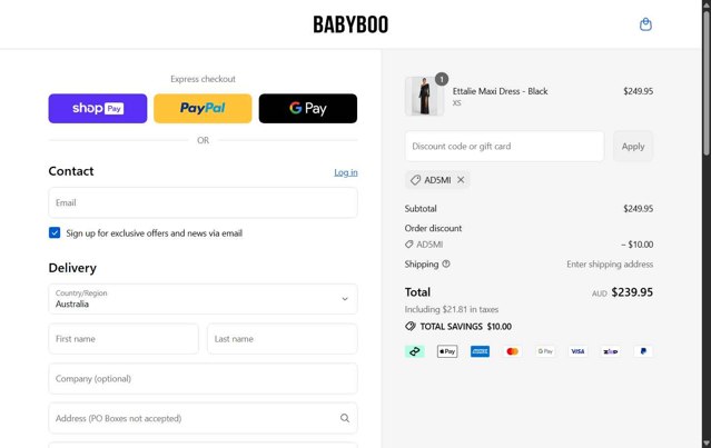 Babyboo Fashion checkout page showing Babyboo Fashion discount code box | Screenshot taken by SimplyCodes community member on Aug 28, 2025
